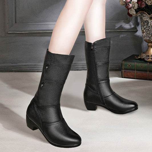 Boots tall thin and thin plus fleece thick heel rider boots - Mubimart