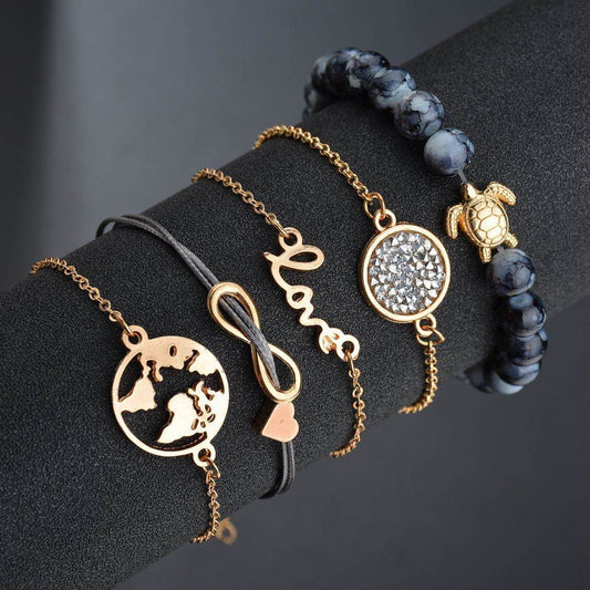 Vintage Turtle Heart Map Charm Bracelets Set For Women 2 New Design Stone Beads Infinite Bracelet Boho Jewelry Wholesale - Mubimart