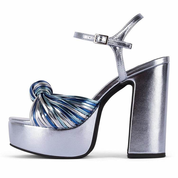 Women's Round Toe Hollow Platform Slingback Chunky High Heel Sandals - Mubimart