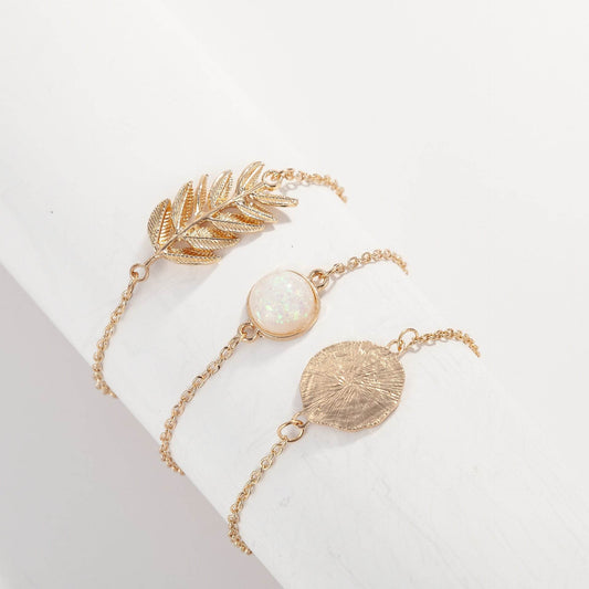 3-piece alloy leaf gemstone bracelet - Mubimart