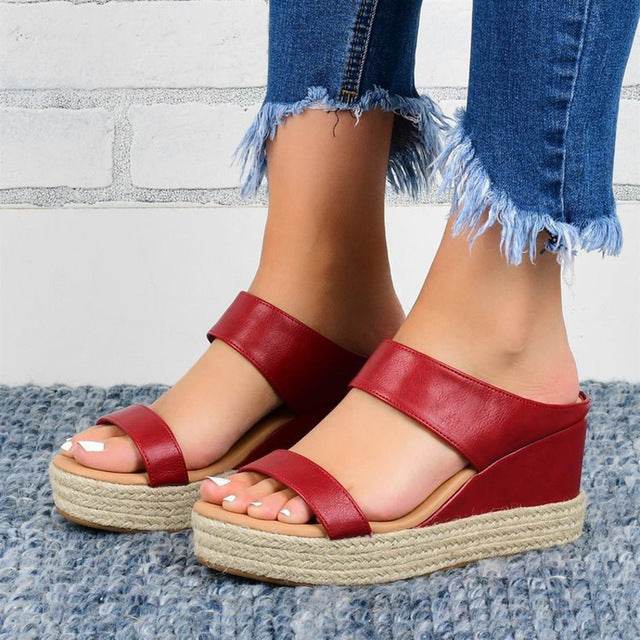 Fashionable Artificial PU Wedge Heel Women Sandals - Mubimart