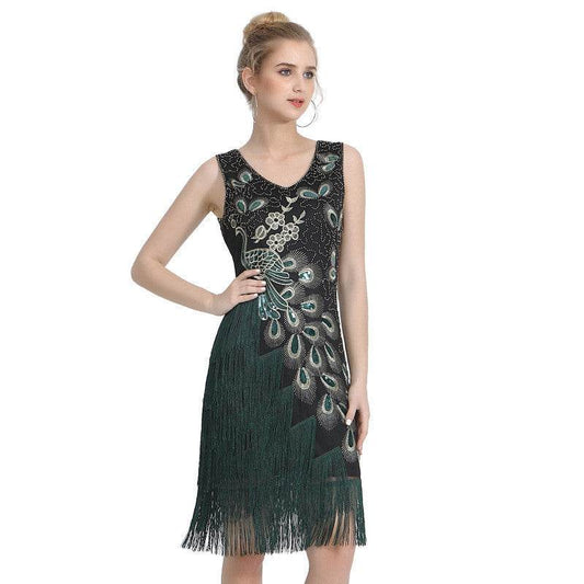 Vintage Sequined Fringe Dress Plus Size Double V Neck Prom Party - Mubimart