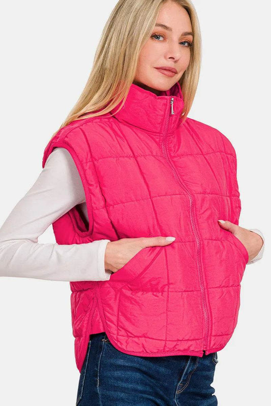 Zenana Zip Up Cropped Puffer Vest With Pockets - Mubimart