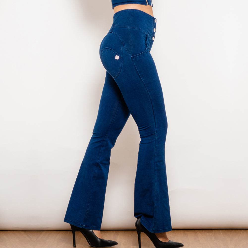 Shascullfites Melody Dark Blue Flared Lift Jeggings Button Up Jeans Bum Lift Jeans High Waist Flare Jeans Women - Mubimart