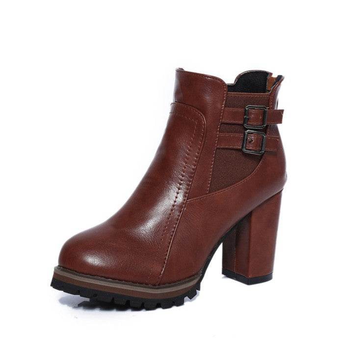 British retro thick with belt buckle boots high heel elastic women's booties - Mubimart
