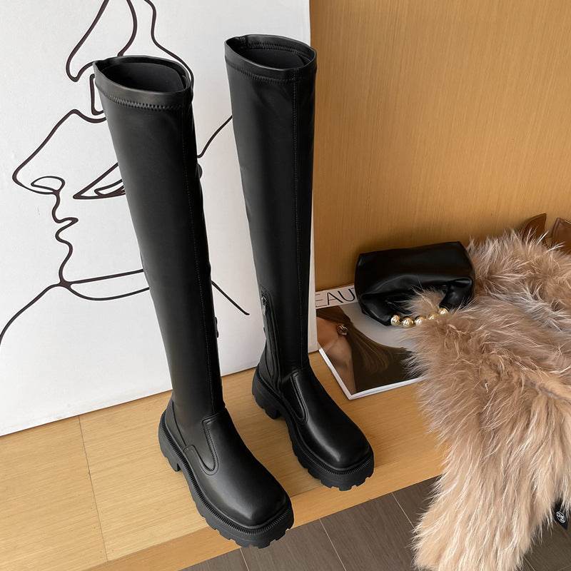 Leather Platform Elastic Over-the-knee Boots - Mubimart