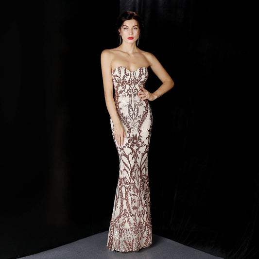 Sequined Long Dress Skirt Prom Party Etiquette Celebration Evening Dress - Mubimart