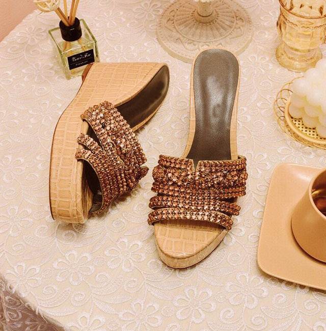Fashion Wedge Heel Shiny Rhinestone Slippers - Mubimart