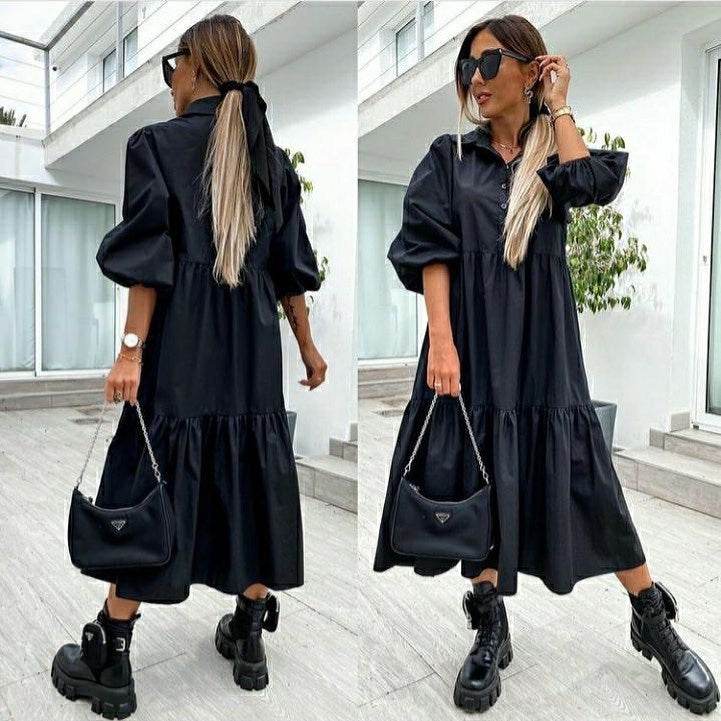 Shirt Lapel Plus Size Loose Swing Dress - Mubimart