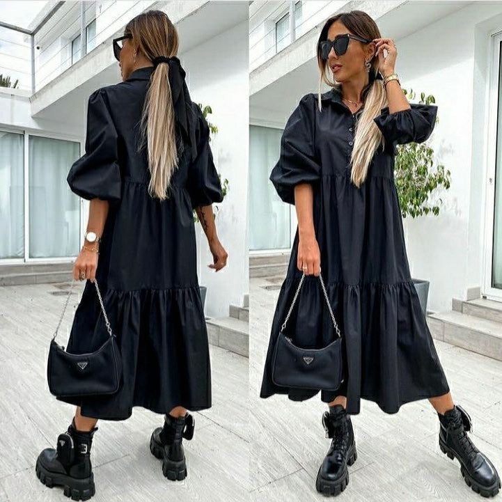 Shirt Lapel Plus Size Loose Swing Dress - Mubimart - Shirt Dress 