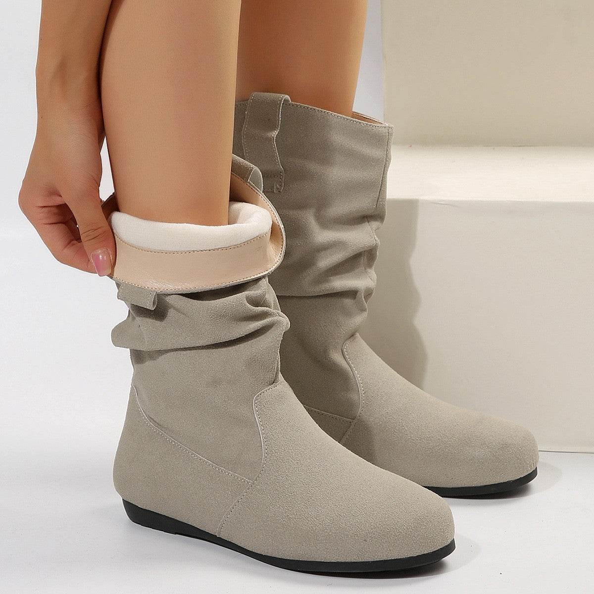 Round Toe Flat Boots Fashion Solid Color Suede Mid-calf Boot Winter Warm Shoes For Women - Mubimart