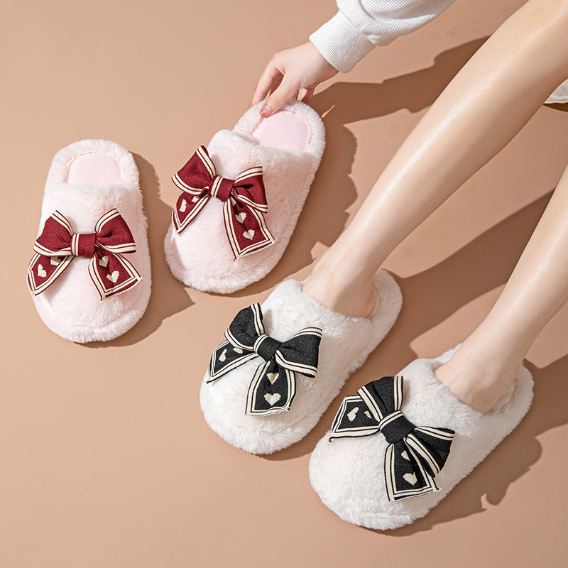 Bowknot Cotton Slippers Home Plush Slippers - Mubimart - Fuzzy Slipper 