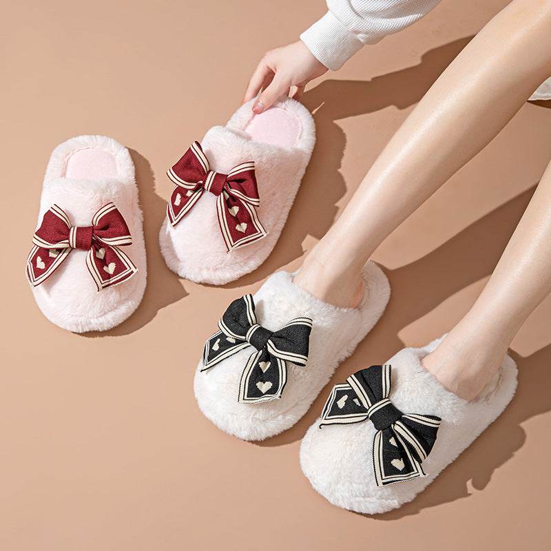 Bowknot Cotton Slippers Home Plush Slippers - Mubimart