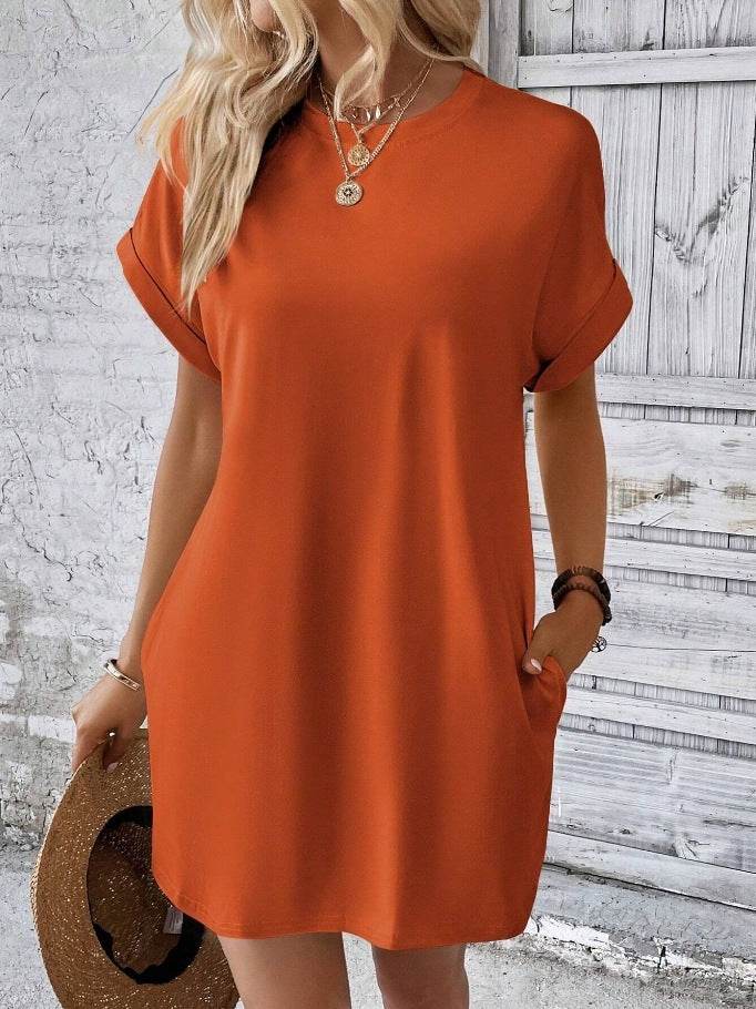 Loose Short Sleeve Dress With Pockets Summer Casual Solid Color Round Neck Straight Dresses Womens Clothing - Mubimart
