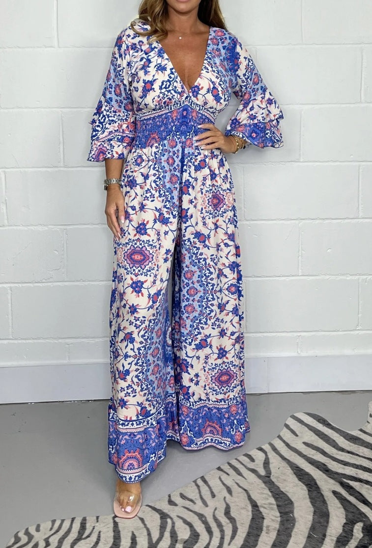 V-neck Printed Jumpsuit Plus Size Casual Jumpsuit - Mubimart -  