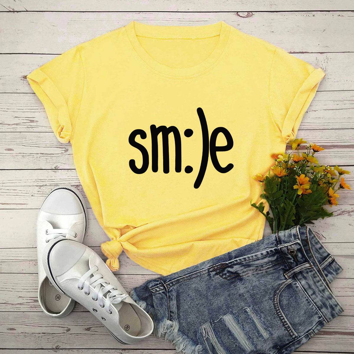 S-5XL Plus Size TShirt Women New Smile Letter Printed Shirt O Neck Short Sleeve Tees Summer Top 100%cotton Women's T-shirts - Mubimart