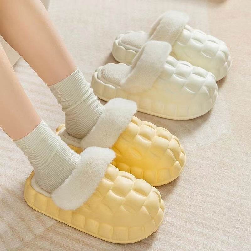 Fuzzy Slippers Women Winter Bedroom Indoor Shoes With Detachable Heel - Mubimart