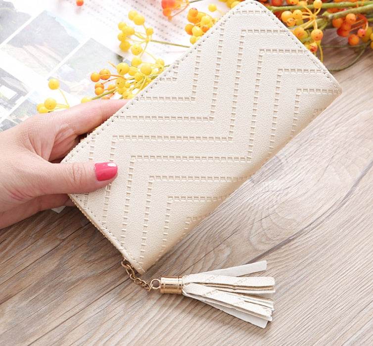 New women's wallet single pull fringed bag long zipper student bag clutch bag - Mubimart