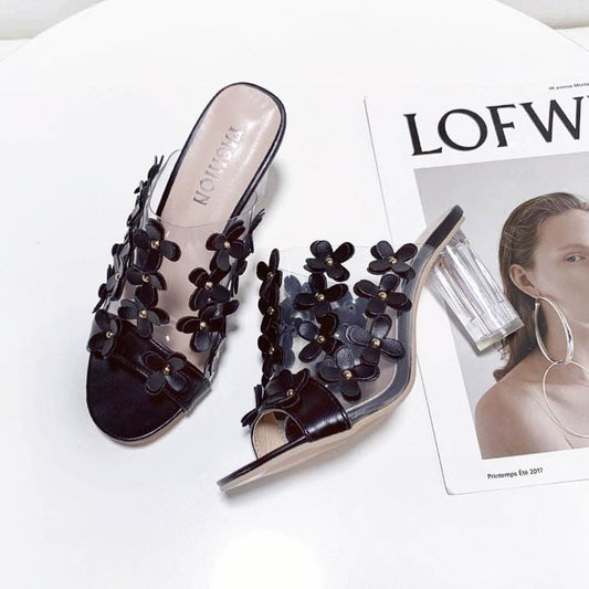 Slotted flower PVC block heel shoes - Mubimart