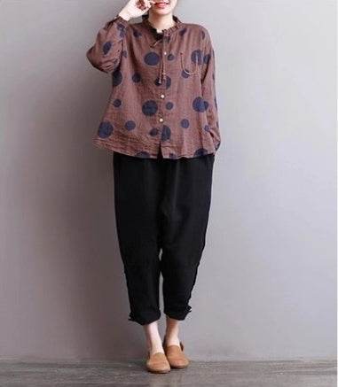 Casual Polka Dot Print Stand Collar Loose Women Blouses - Mubimart
