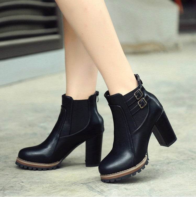 British retro thick with belt buckle boots high heel elastic women's booties - Mubimart