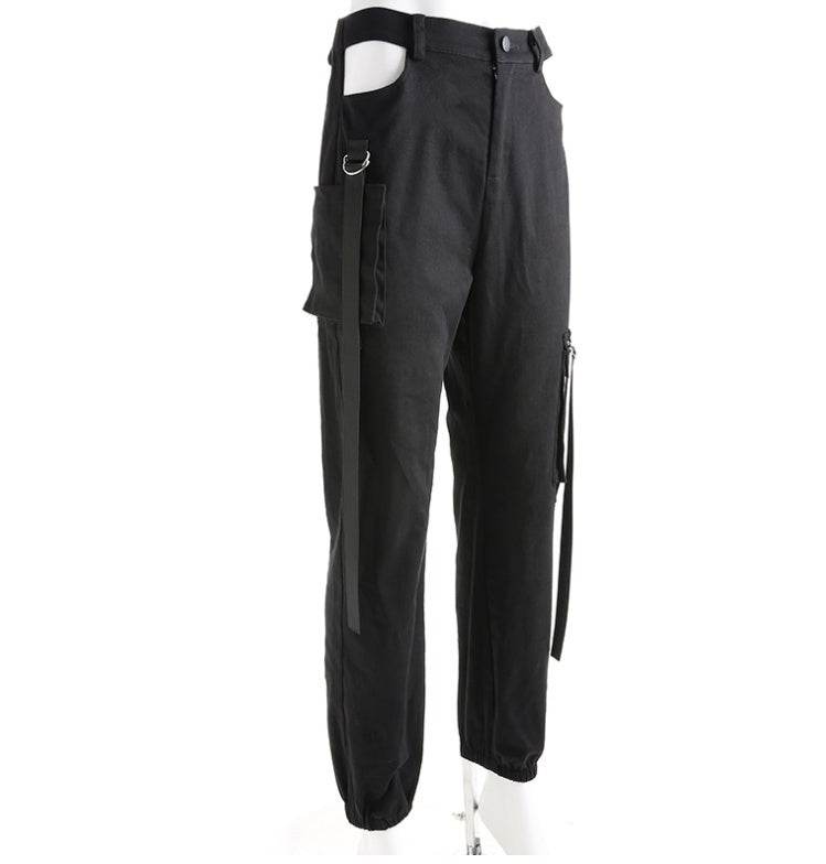 Women Black High Waist Pencil Pants Pockets Patckwork Hollow Out Pants Fashion Women Streetwear Cargo Pants Women Pants - Mubimart