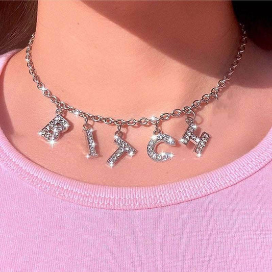 Fashion Bitch Angel Baby Daddy Rhinestone Letter Necklace Choker For Women - Mubimart