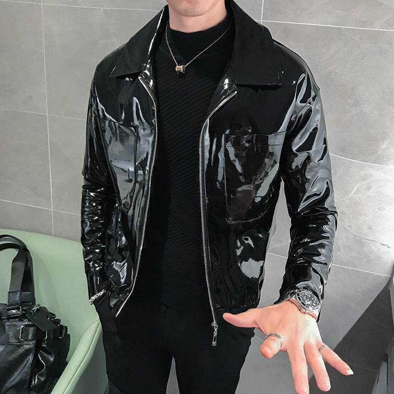 Handsome motorcycle jacket PU leather leather lapel jacket - Mubimart