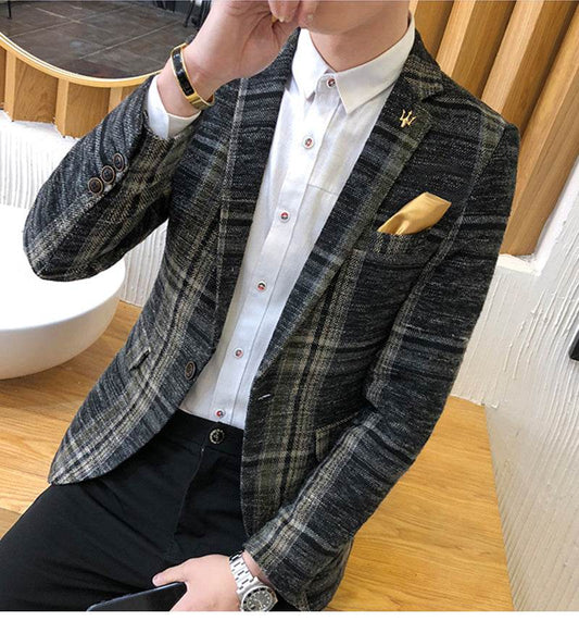 Men Blazer Slim Fit Designs Male Plaid Blazer - Mubimart