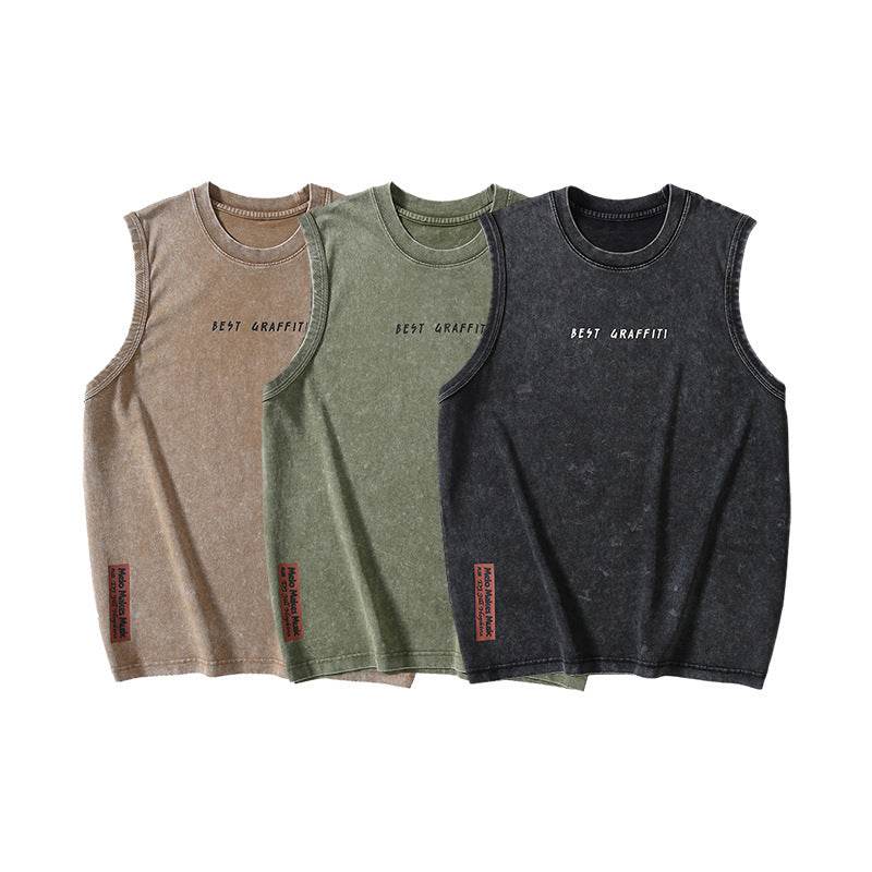 Summer Retro Washed Cotton Tank Top Vest For Men - Mubimart