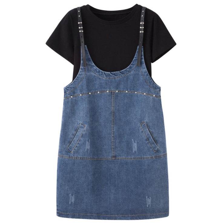 Fat mm denim strap skirt fat sister summer dress ageing gas suit large size women's slim two-piece suit - Mubimart