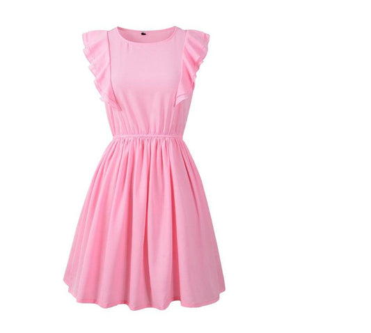 USA SIZE European and American leisure round neck ruffled sleeveless solid color mini dress women's clothing - Mubimart
