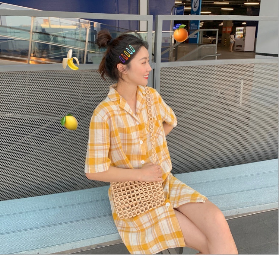 Retro Plaid Shirt Dress - Mubimart -  