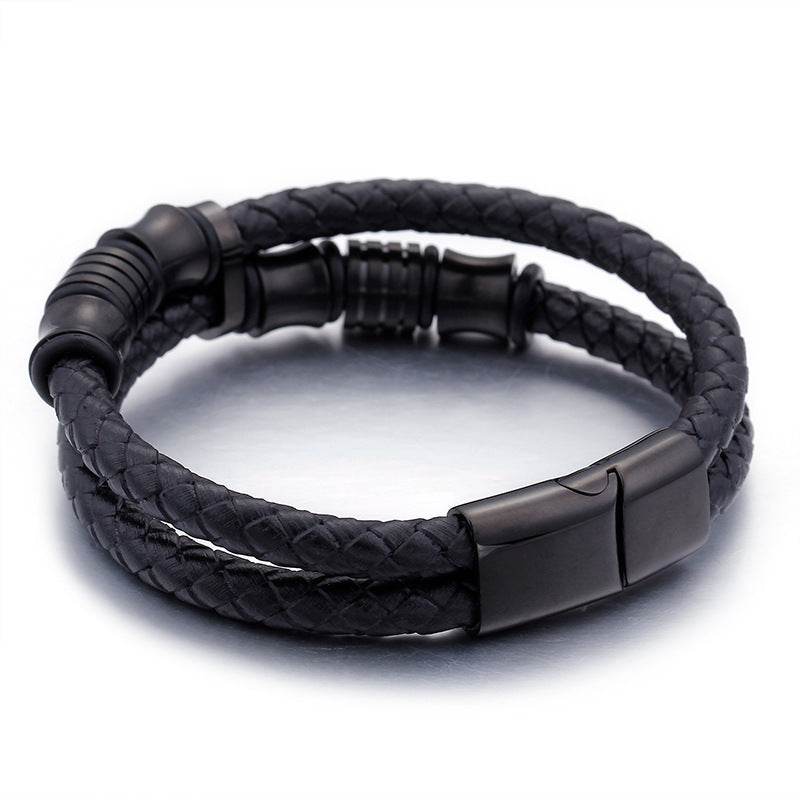 Gold Color Stainless Steel Leather Bracelet Men Black Mens Leather Wrap Bracelets Jewelry Wristband With Magnet Clasp - Mubimart