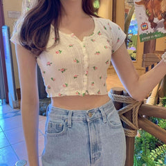 Little Flower Summery Crop Top With Buttons Kawaii T-Shirt Women - Mubimart - Crop Top 