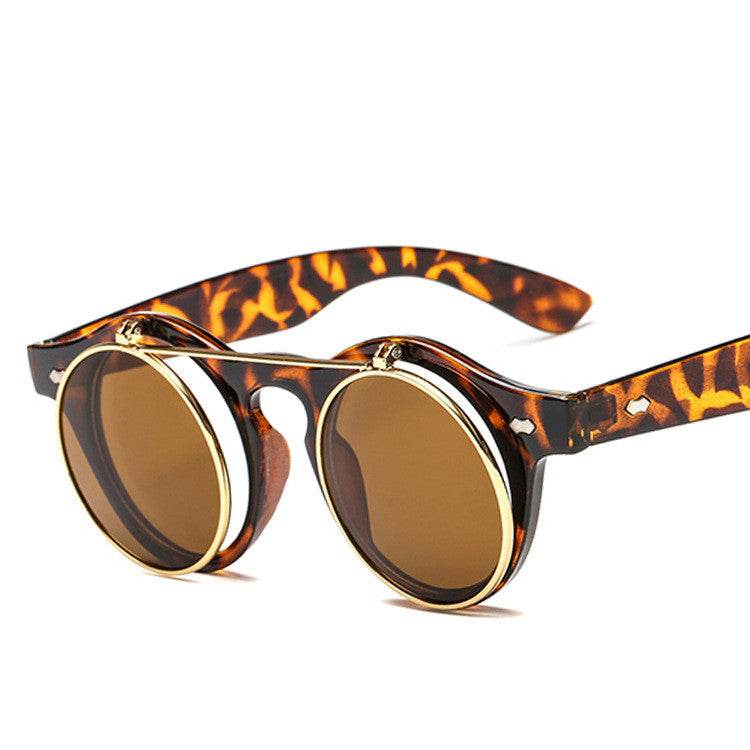 Sunglasses Women Brand Designer Retro Round Steampunk Steam Punk Metal Flip Cover Fashion Sun Glasses - Mubimart