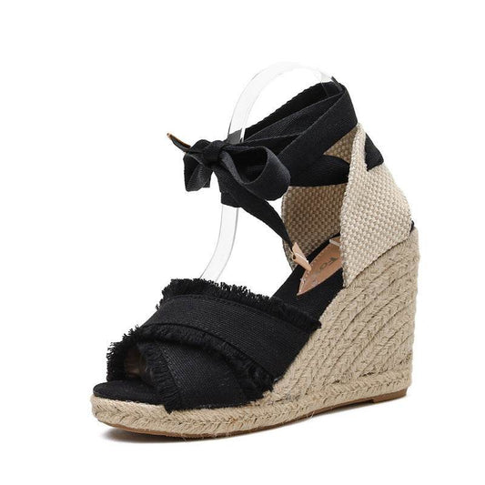 Lace-up wedge heel women sandals - Mubimart