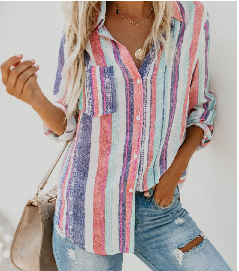 Color striped plus size shirt - Mubimart -  