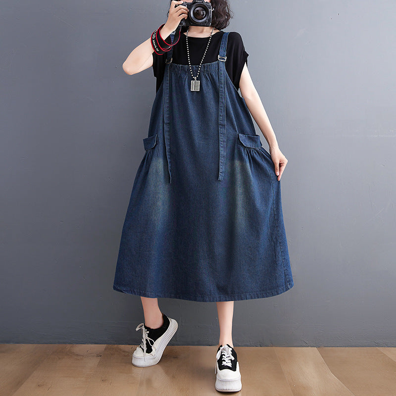 Women's Loose Plus Size Denim Suspender Dress - Mubimart -  