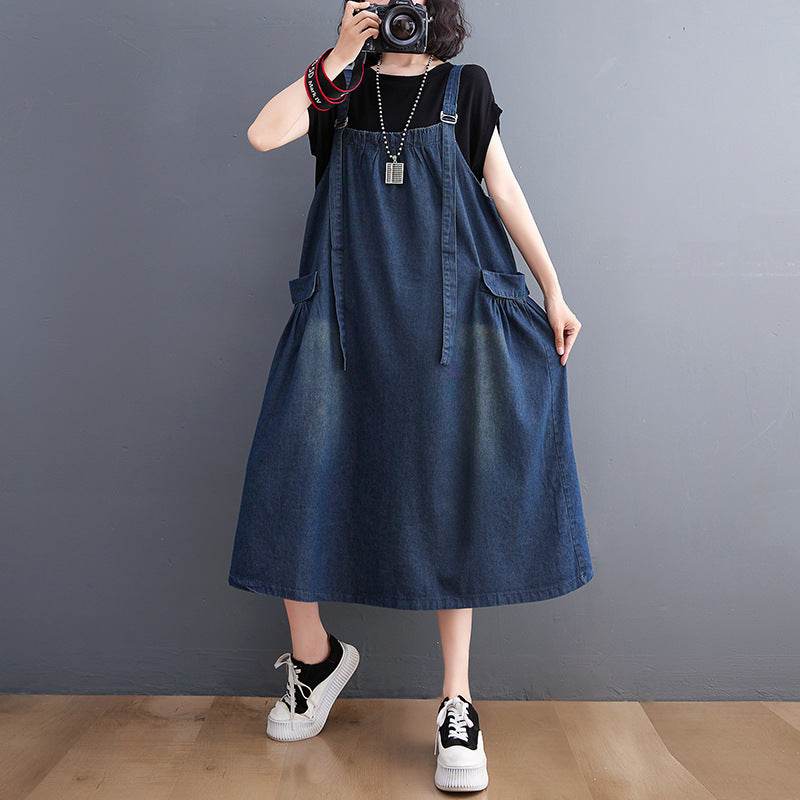 Women's Loose Plus Size Denim Suspender Dress - Mubimart
