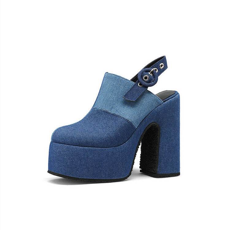 Color Block Denim High Heel Toe Box Slingback Sandals - Mubimart