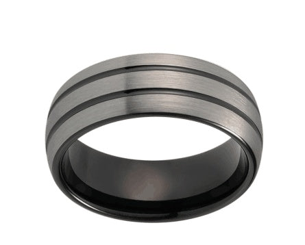 8mm Zwarte Tungsten Trouwring voor Mannen Vrouwen Koepel Dubbele Lijnen Zilveren Mat Bovenkant Midden Comfort Fit