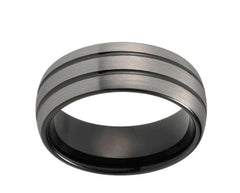 8mm Zwarte Tungsten Trouwring voor Mannen Vrouwen Koepel Dubbele Lijnen Zilveren Mat Bovenkant Midden Comfort Fit