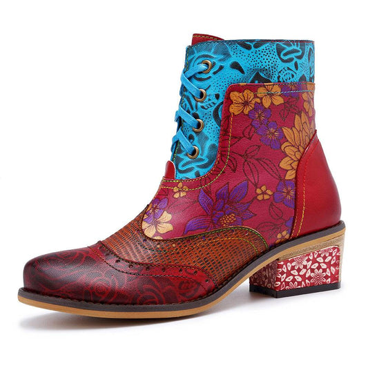 Casual Retro Ethnic Boots Lace Printing Dark Pattern Cowboy Boot - Mubimart