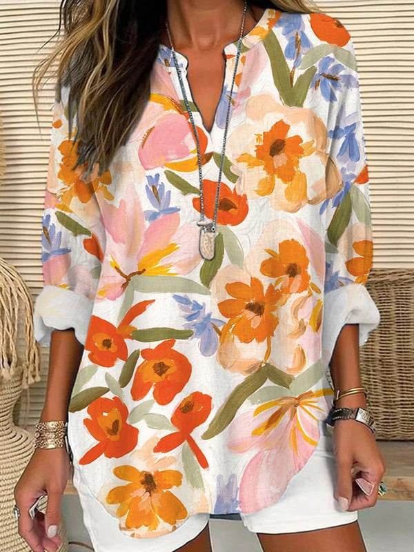 Loose Printed Neck Casual Plus Size Pullover - Mubimart