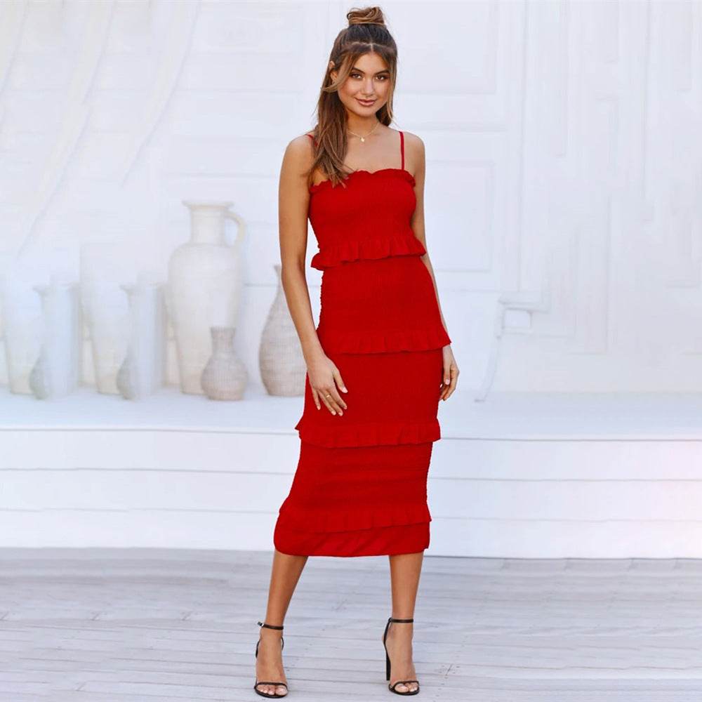 Strap pleated cake dress maxi - Mubimart