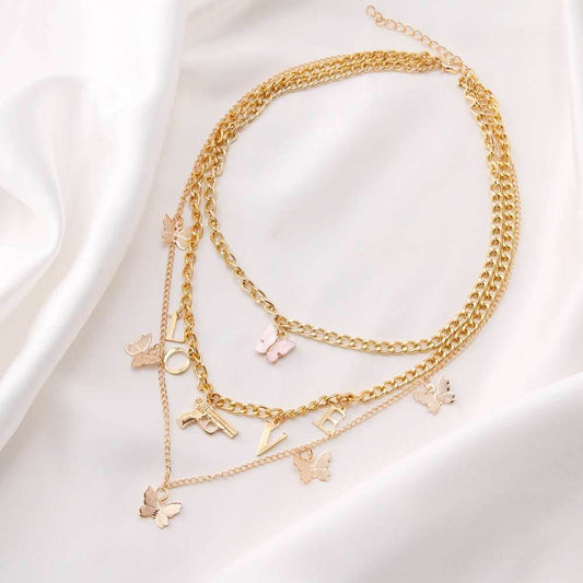 Chain Butterfly Necklace Women Multilayer Pendant Necklace Set Women - Mubimart