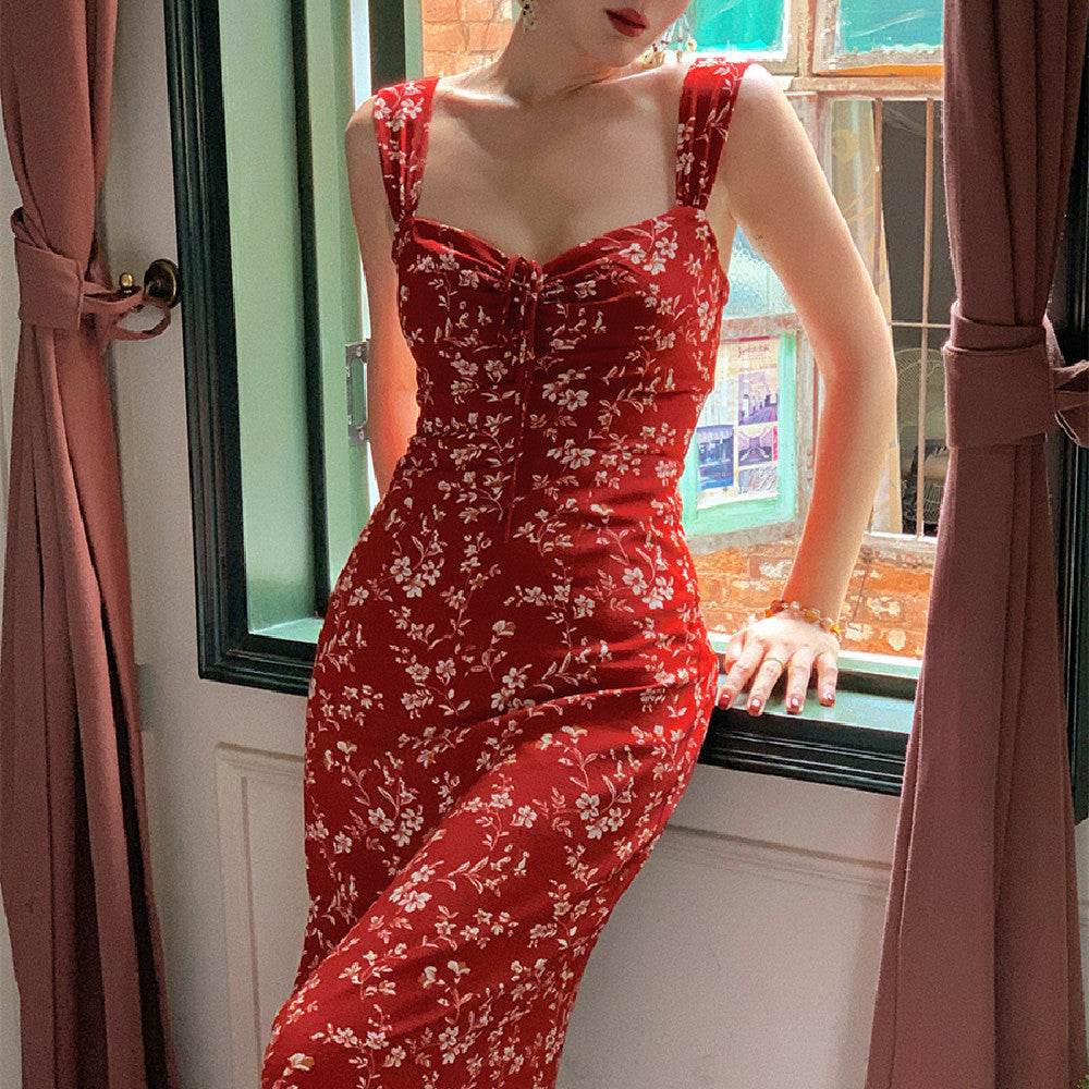 Long Floral Neck Waist Slip Dress - Mubimart