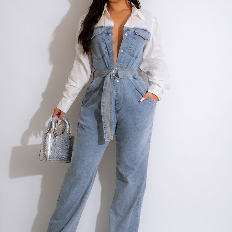 Casual Denim Stitching Plus Size Jumpsuit - Mubimart - Plus Size Jumpsuit 