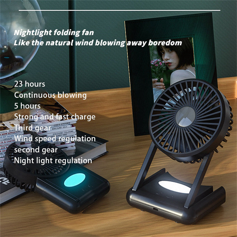 23 Hours Mini Silent Handheld Fan LED Night Light Fan Desktop Folding Small Electric Fan Portable Fan - Mubimart - Box Fans 